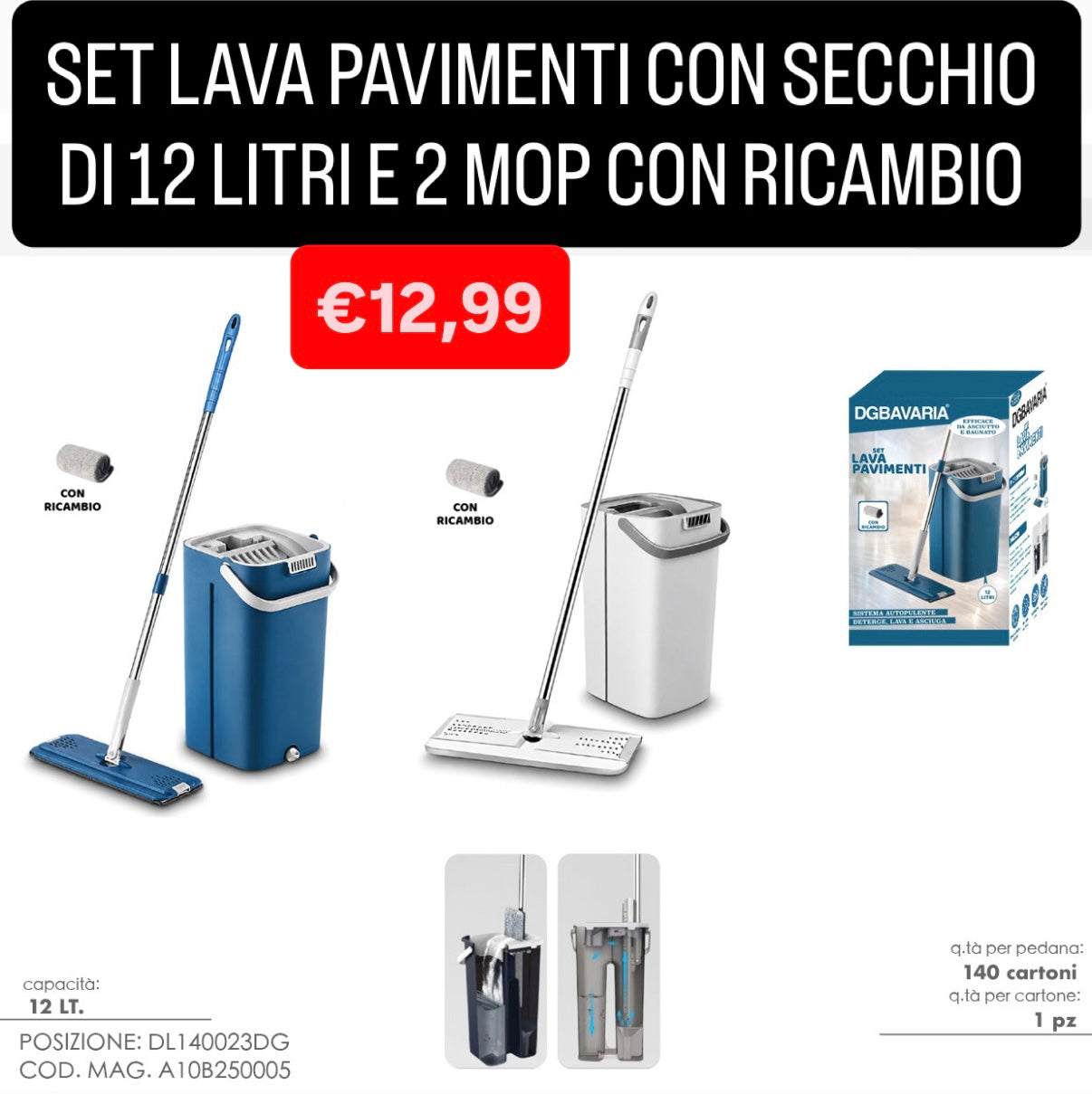 LAVAPAVIMENTI CON SECCHIO DI 12 LITRI comprende anche 2 MOP INTERCAMBIABILI