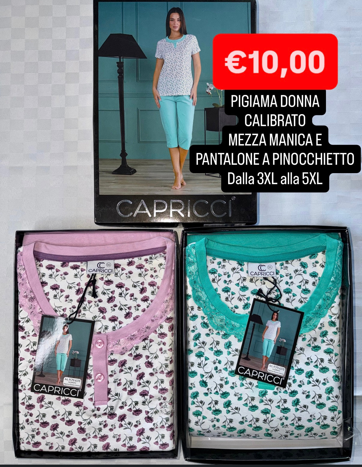 PIGIAMA DONNA CALIBRATO Mezza Manica e Pantalone a pinocchietto trequarti dalla 3XL alla 5XL in 100% cotone