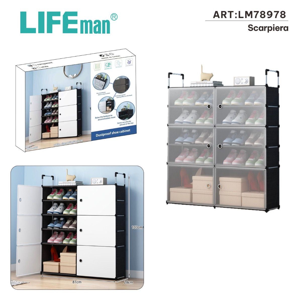 SCARPIERA DOPPIA MULTI RIPIANI CON SPORTELLO misura 80x28x108cm