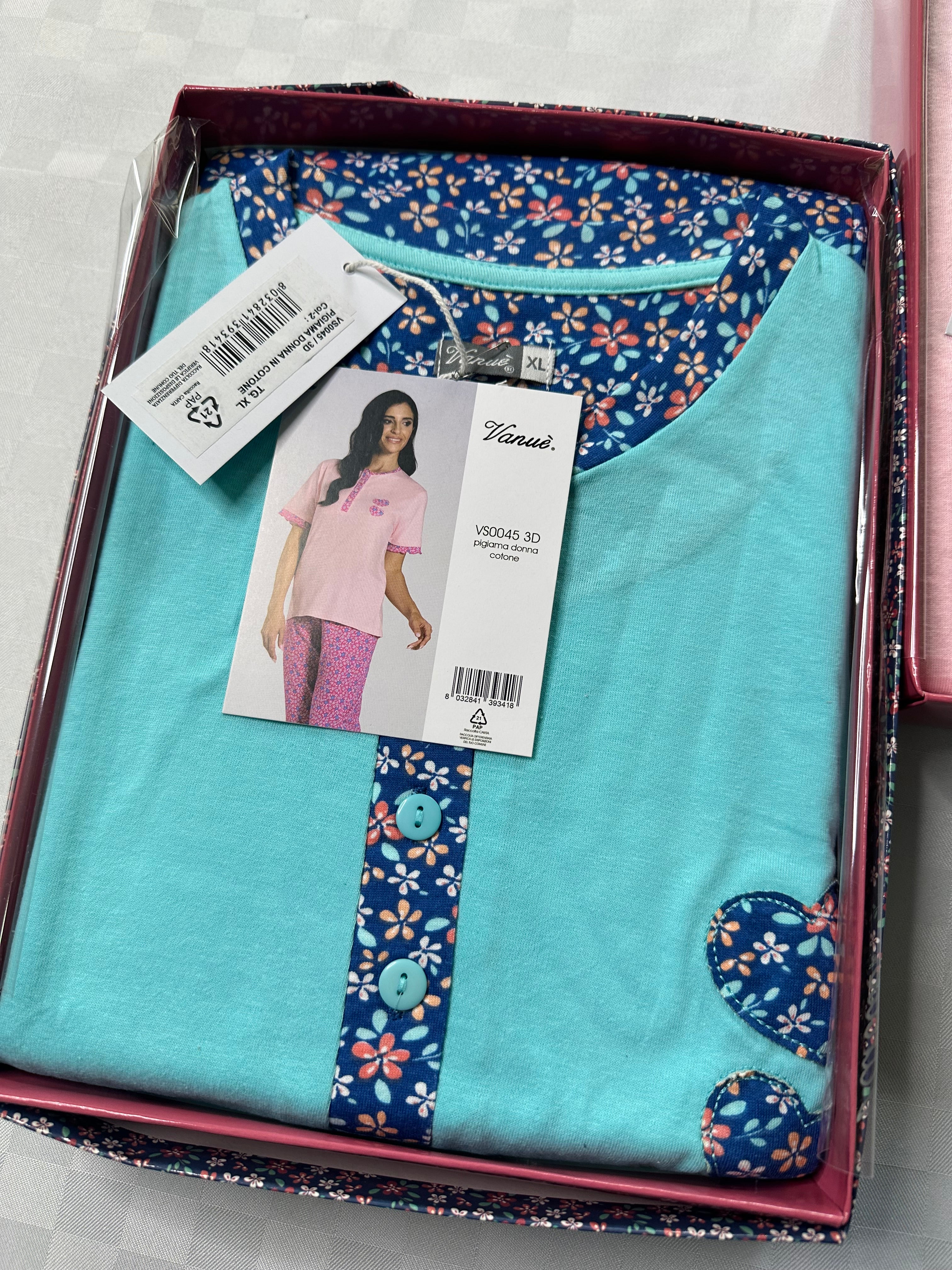 PIGIAMA DONNA 3 PEZZI IN 100% COTONE Maglia mezza manica, Pantalone lungo e Pantaloncino corto