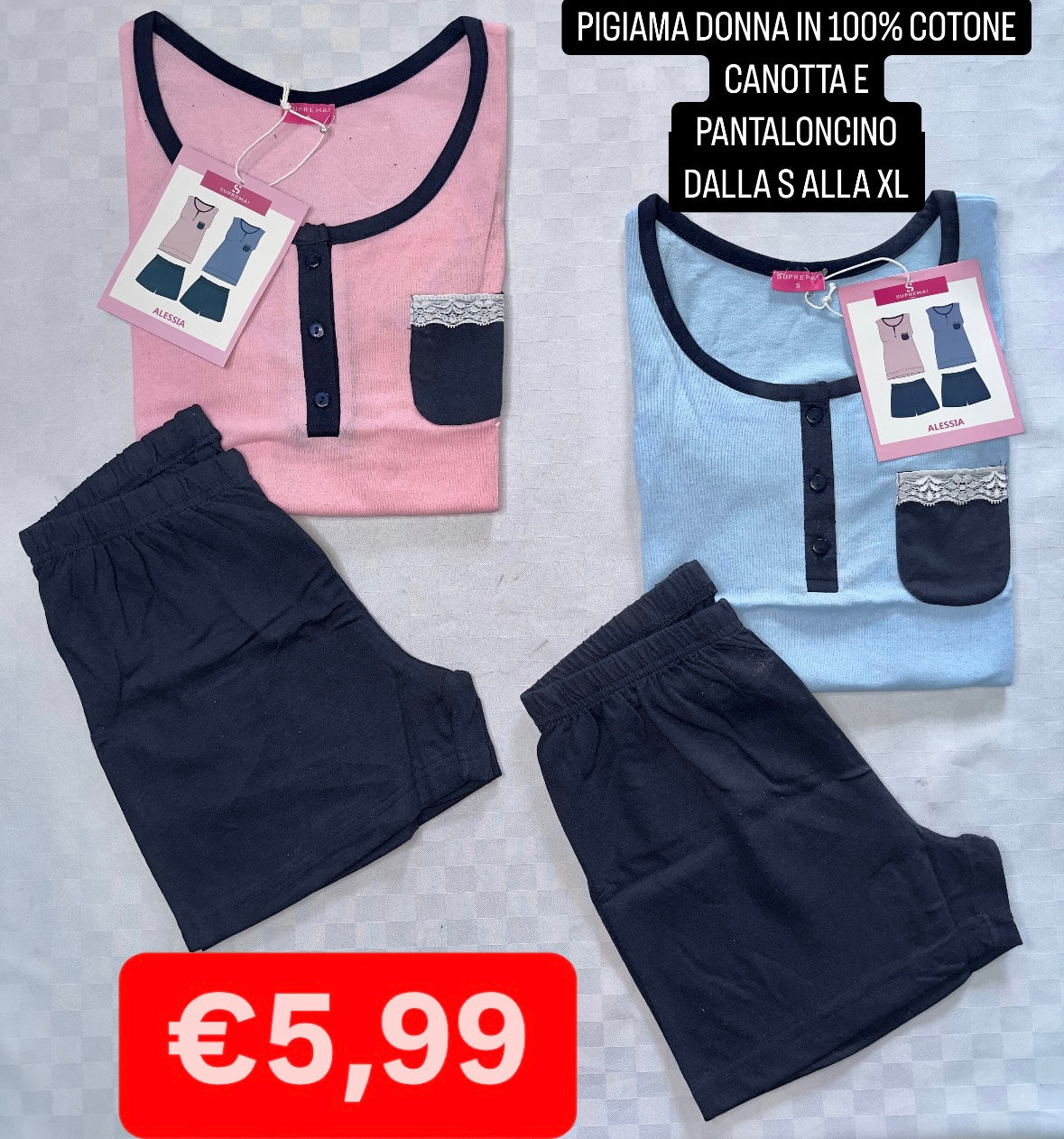 PIGIAMA DONNA IN 100% COTONE CANOTTA E PANTALONCINO