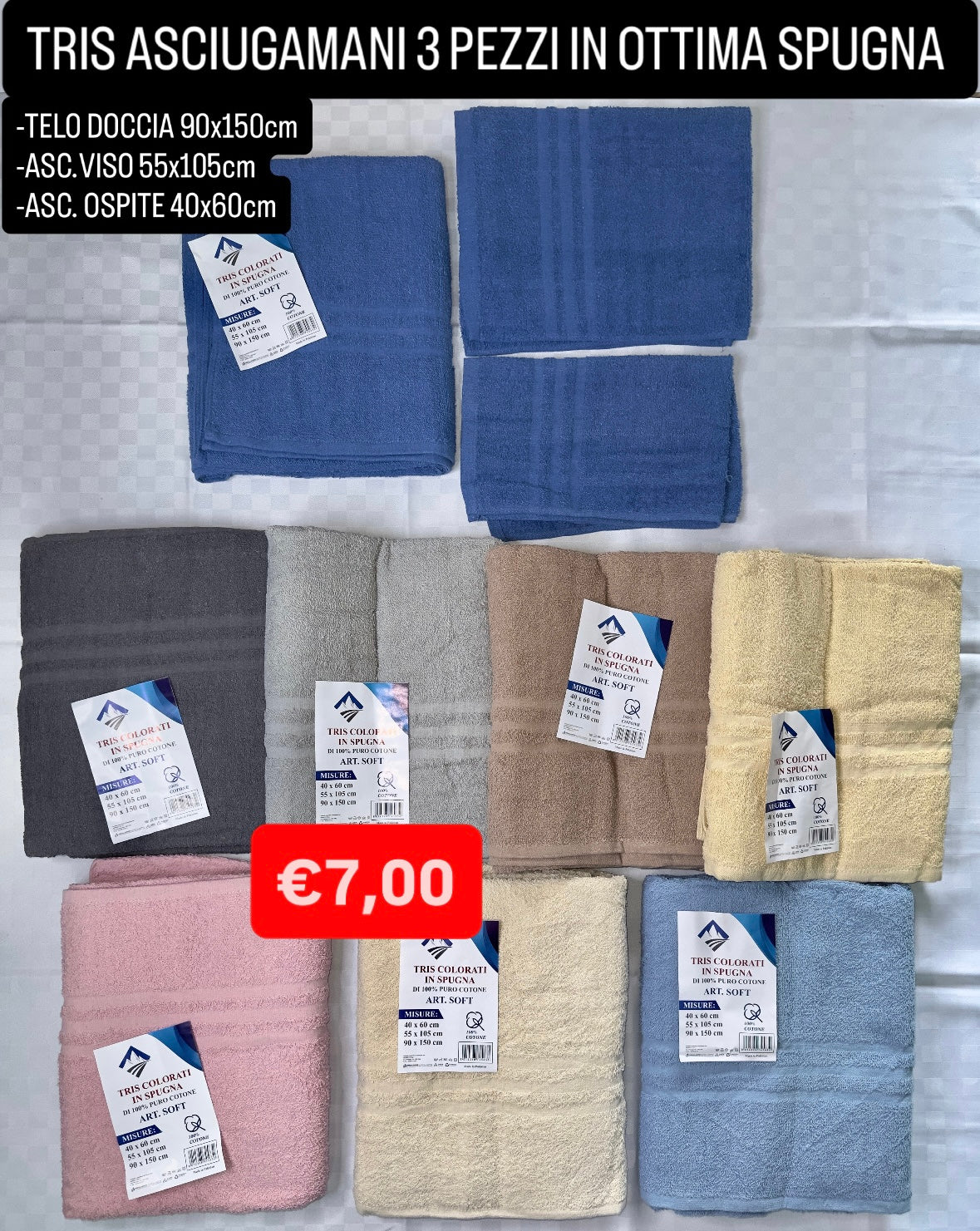 SET 3 PEZZI ASCIUGAMANO BAGNO IN SPUGNA contiene TELO DOCCIA 100x150cm, ASCIUGAMANO VISO  60x100cm e ASCIUGAMANO OSPITE 40x60cm