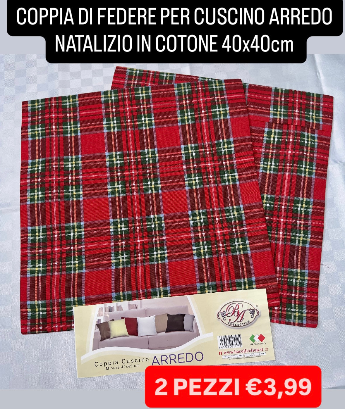 COPPIA DI FEDERE PER CUSCINO ARREDO misura 40x40cm IN COTONE NATALIZIO (SET DA 2 PEZZI)