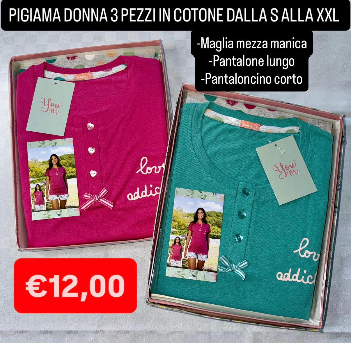 PIGIAMA DONNA 3 PEZZI IN 100% COTONE contiene Maglia mezza manica, Pantalone lungo e Pantaloncino corto