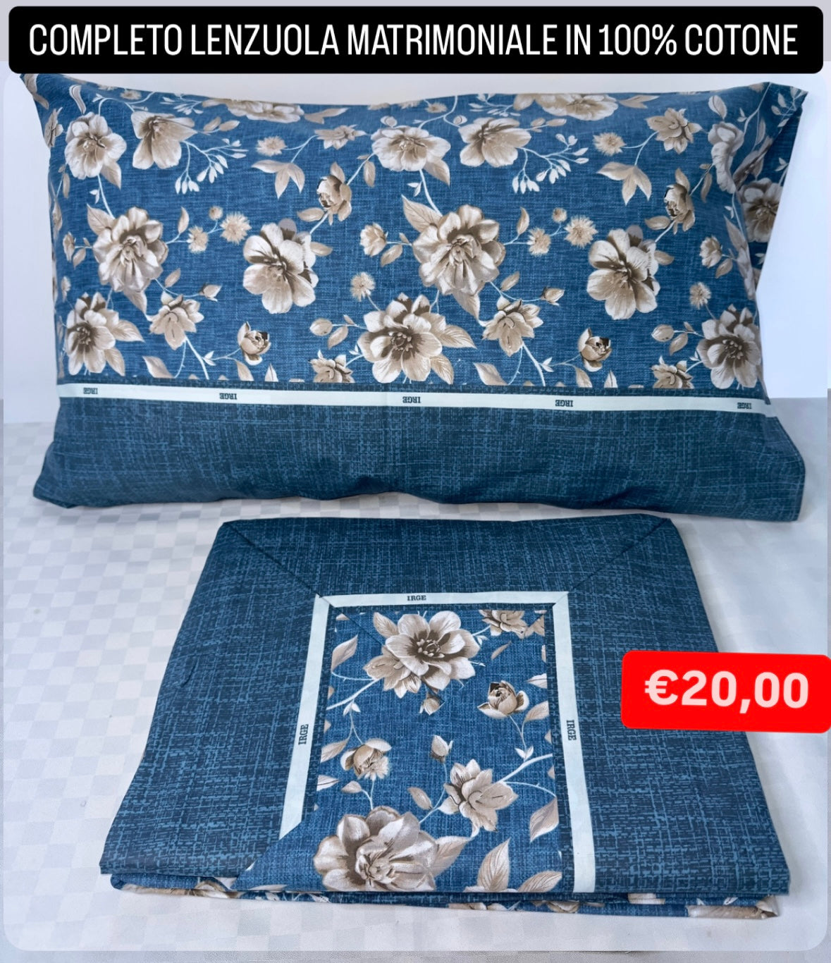 COMPLETO LENZUOLA MATRIMONIALE IN 100% COTONE Lenzuolo sopra, Lenzuolo sotto con angoli e due Federe
