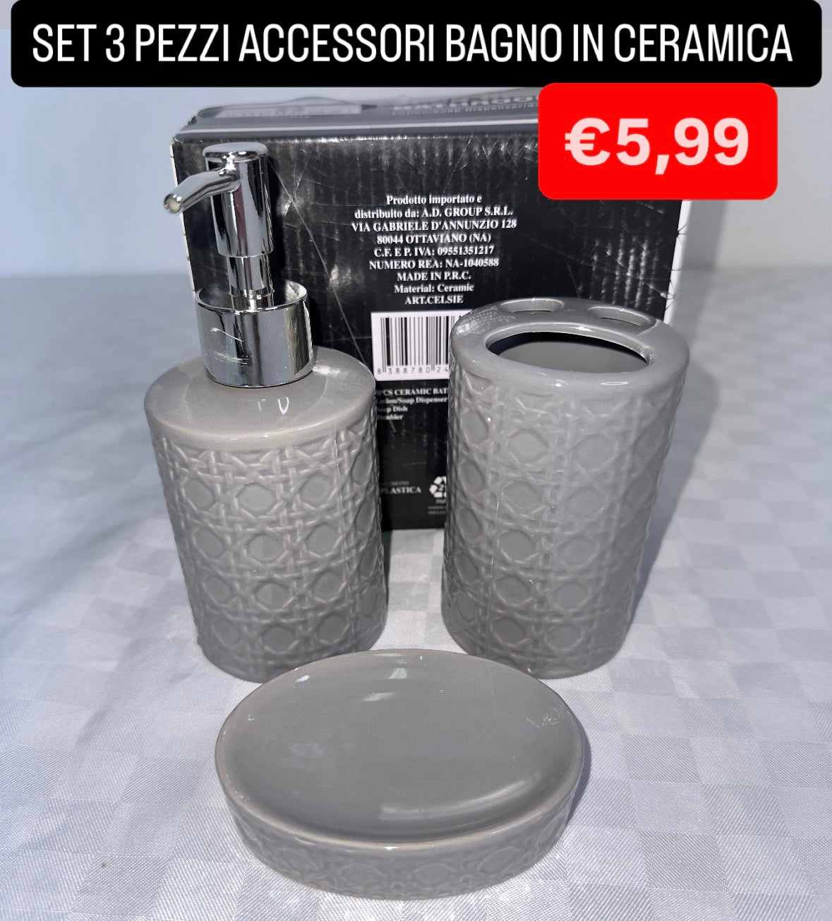 SET BAGNO IN CERAMICA 3 PEZZI: Dispenser Sapone, Porta saponetta e Porta Spazzolino