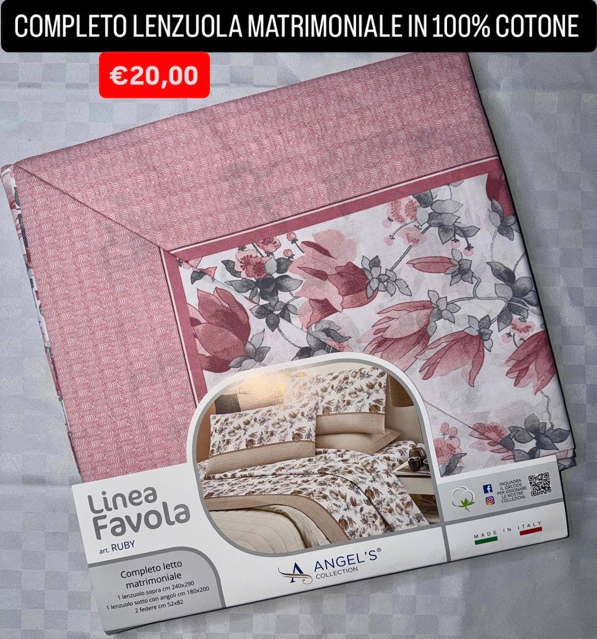 COMPLETO LENZUOLA MATRIMONIALE IN 100% COTONE , contiene Lenzuolo sopra, Lenzuolo sotto con angoli e due Federe