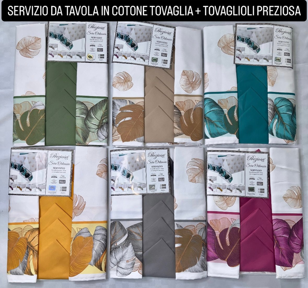 SERVIZIO DA TAVOLA IN COTONE (TOVAGLIA + TOVAGLIOLI) Preziosa X6 Persone (140x180cm) e X12 Persone (140x240cm)