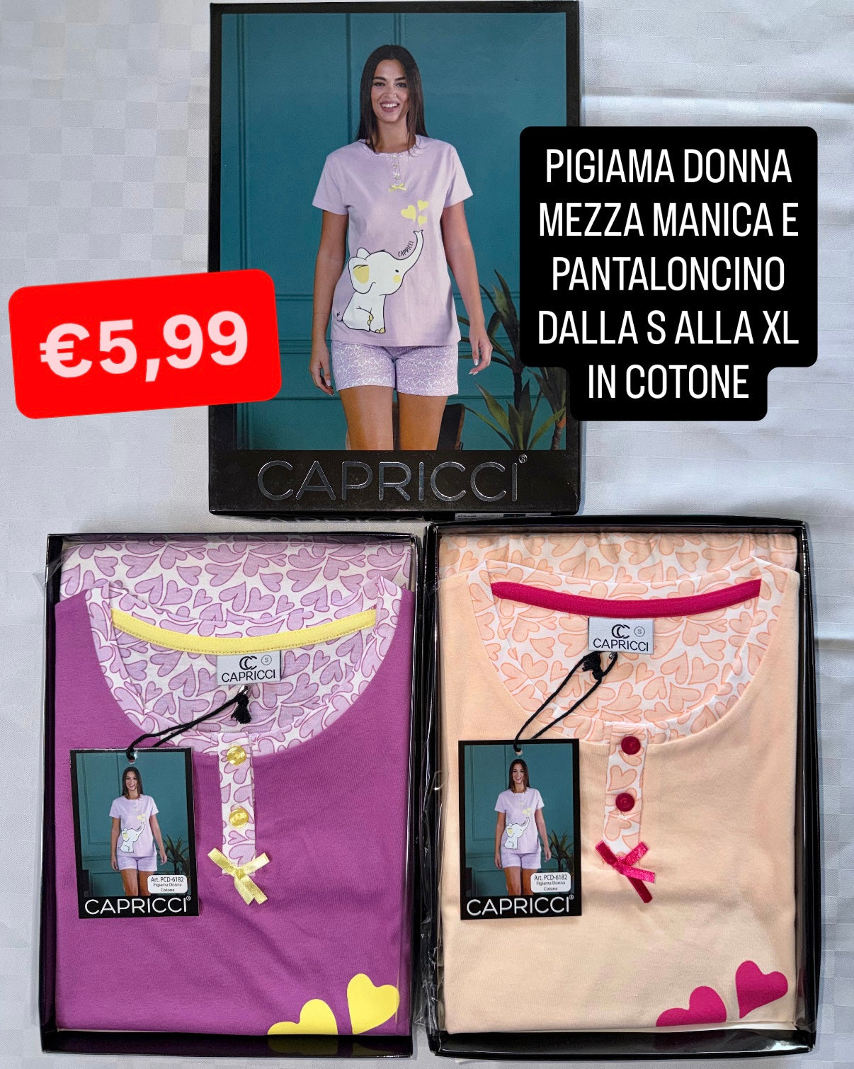 PIGIAMA DONNA Mezza manica e Pantaloncino in 100% cotone