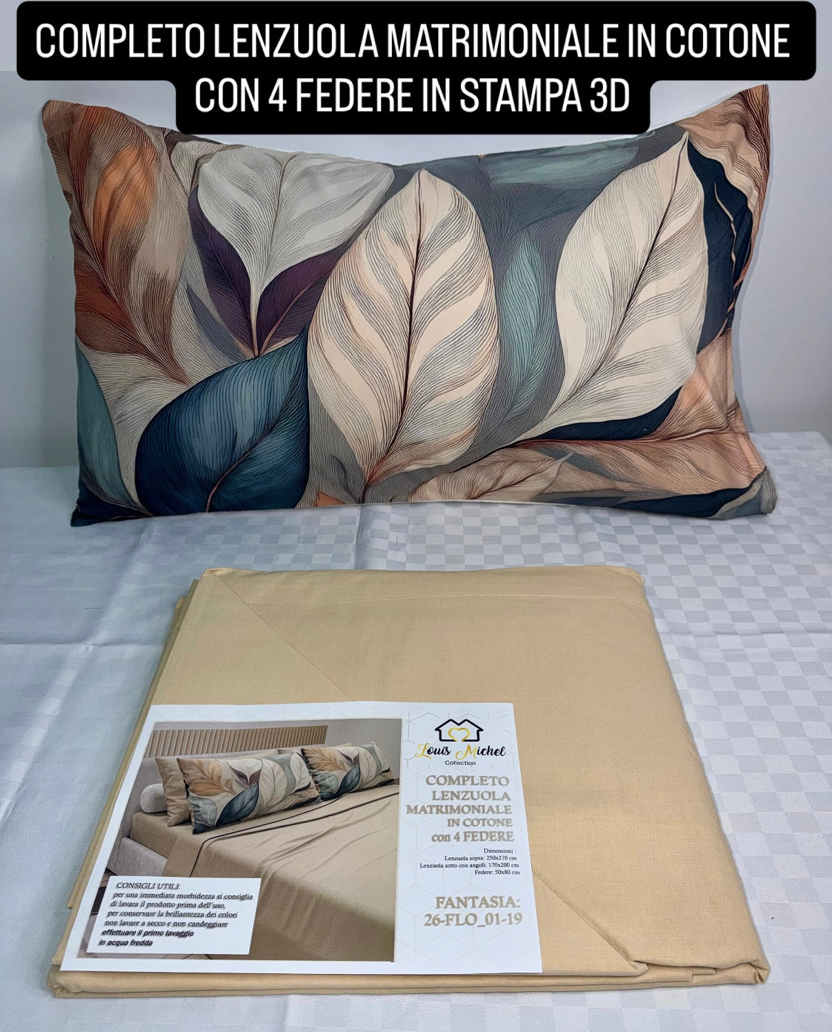 COMPLETO LENZUOLA MATRIMONIALE IN COTONE contiene LENZUOLO SOPRA, LENZUOLO SOTTO E 4 FEDERE IN STAMPA 3D
