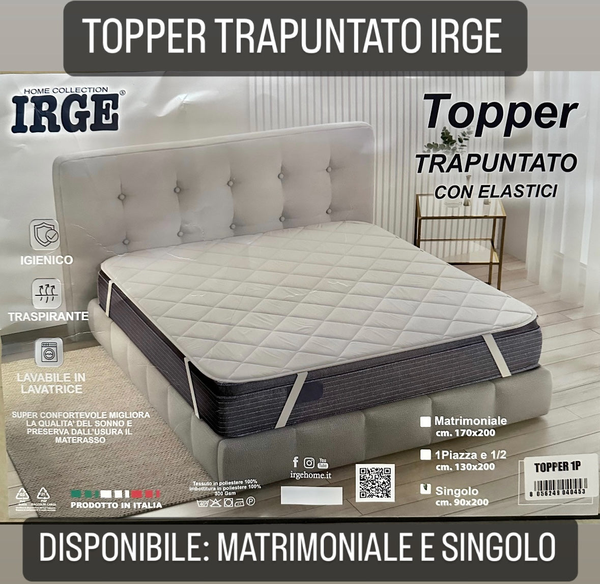 TOPPER IRGE TRAPUNTATO CON ELASTICI Matrimoniale e Singolo