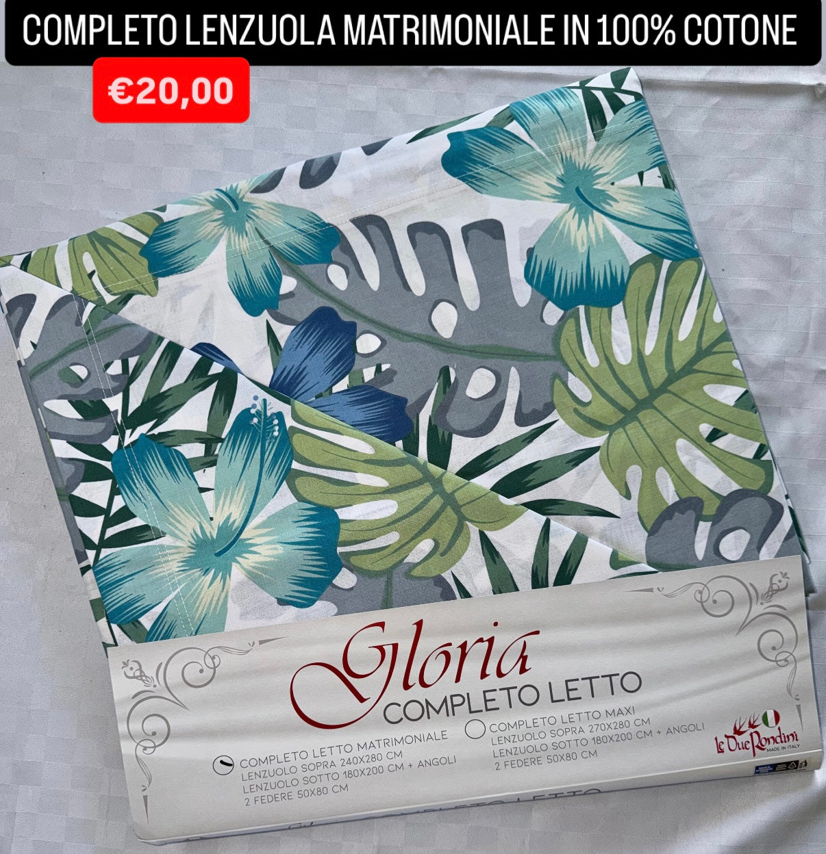 COMPLETO LENZUOLA MATRIMONIALE IN 100% COTONE , contiene Lenzuolo sopra, Lenzuolo sotto con angoli e due Federe
