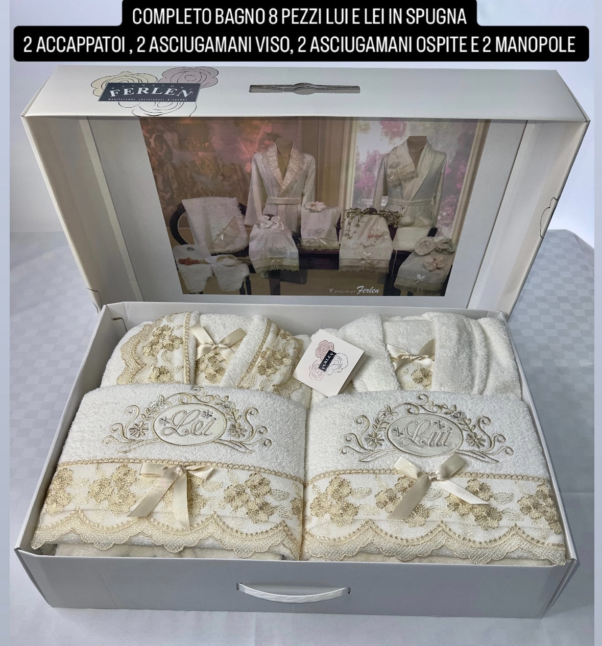 COMPLETO BAGNO 8 PEZZI LUI E LEI IN SPUGNA 2 ACCAPPATOI , 2 ASCIUGAMANI VISO, 2 ASCIUGAMANI OSPITE E 2 MANOPOLE