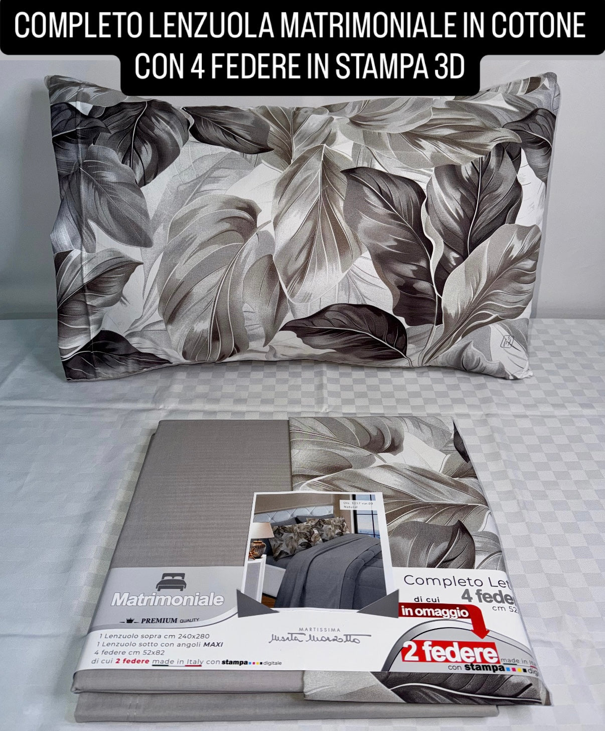 COMPLETO LENZUOLA MATRIMONIALE IN COTONE contiene LENZUOLO SOPRA, LENZUOLO SOTTO E 4 FEDERE IN STAMPA 3D