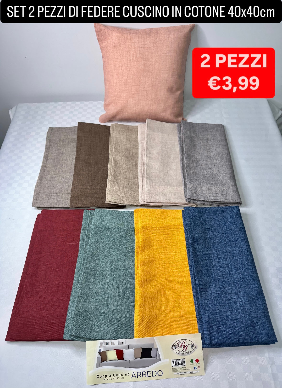 COPPIA DI FEDERE PER CUSCINO SET DA 2 PEZZI IN COTONE misura 40x40cm