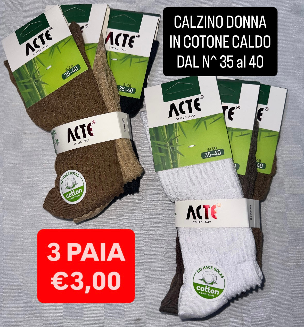CALZINI DONNA SET DA 3 PAIA IN COTONE CALDO DAL NUMERO 35 al 40 (COLORE CASUALE)