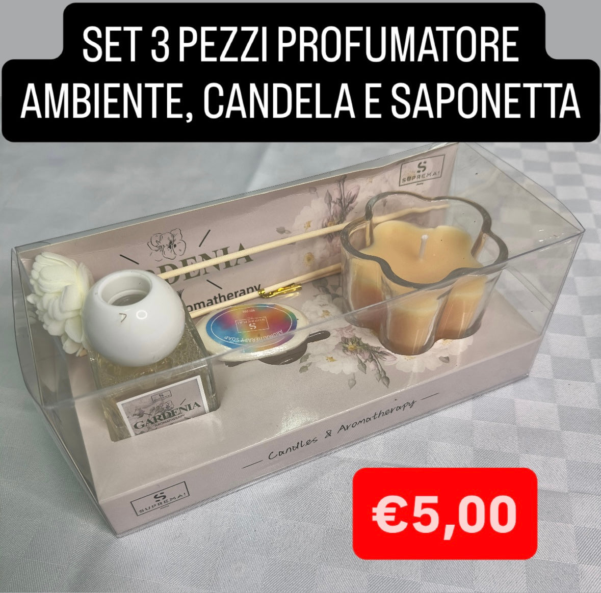 SET 3PEZZI PROFUMATORE AMBIENTE,CANDELA E SAPONETTA