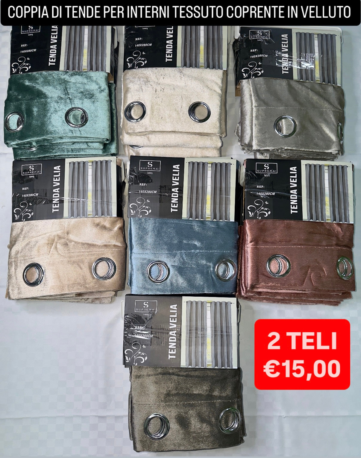 COPPIA DI TENDE PER INTERNI TESSUTO COPRENTE IN VELLUTO CONFEZIONE DA 2 TELI (OGNI TELO MISURA 140x280cm)art. Velia