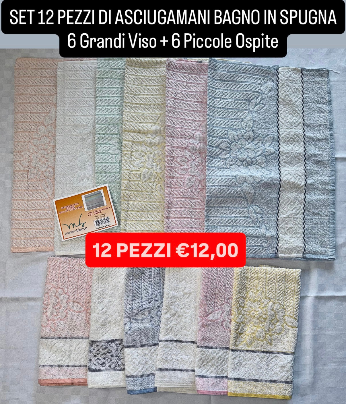 SET 12 PEZZI DI ASCIUGAMANI BAGNO IN SPUGNA contiene 6 Grandi Viso + 6 Piccole Ospite