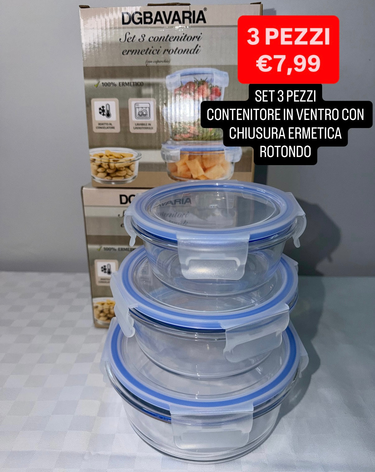 CONTENITORE IN VETRO CON CHIUSURA ERMETICA CONFEZIONE DA 3 PEZZI Rotondo