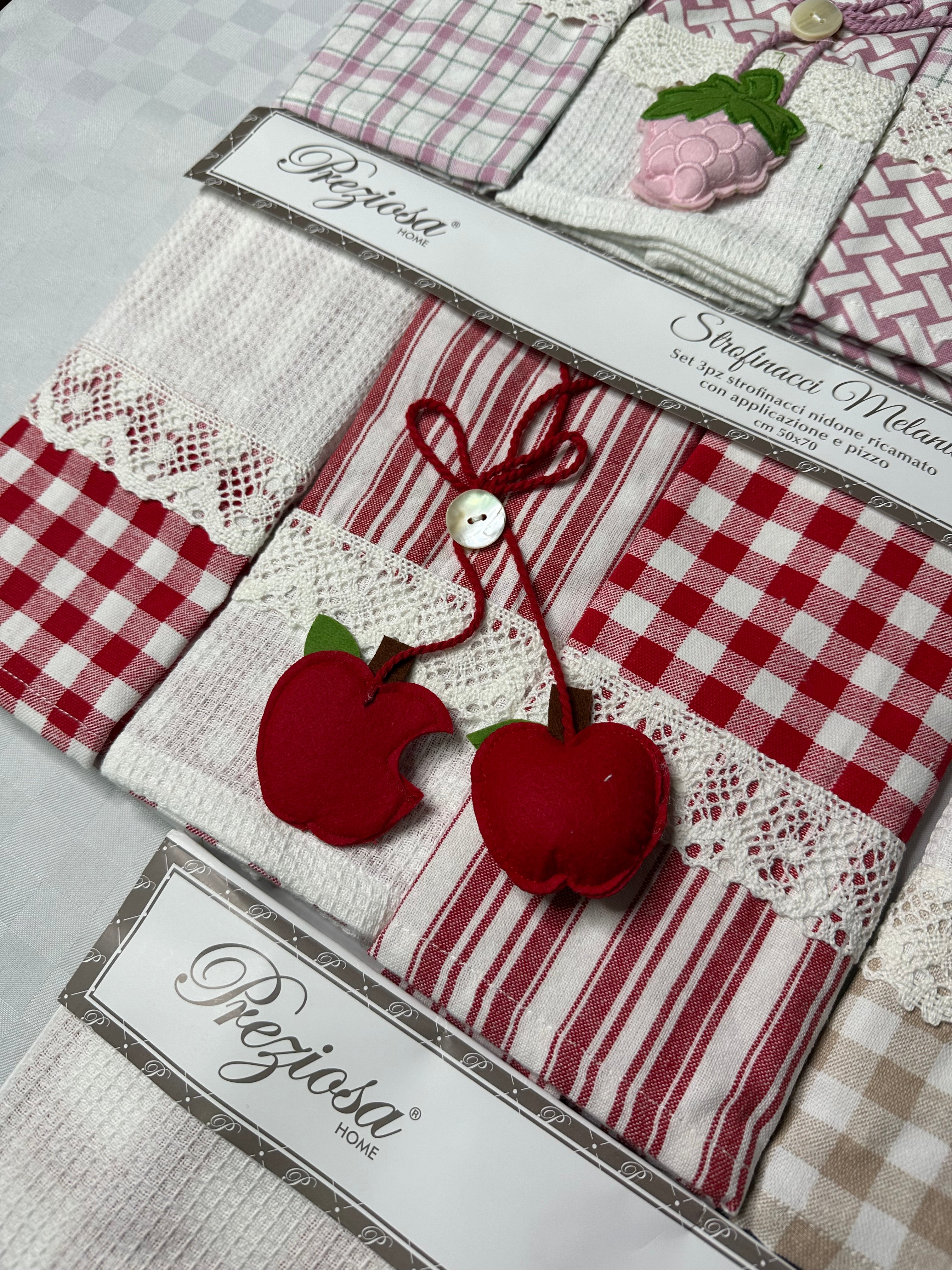 STROFINACCIO CUCINA SET DA 3 PEZZI IN COTONE 100% CON RICAMO PREZIOSA
