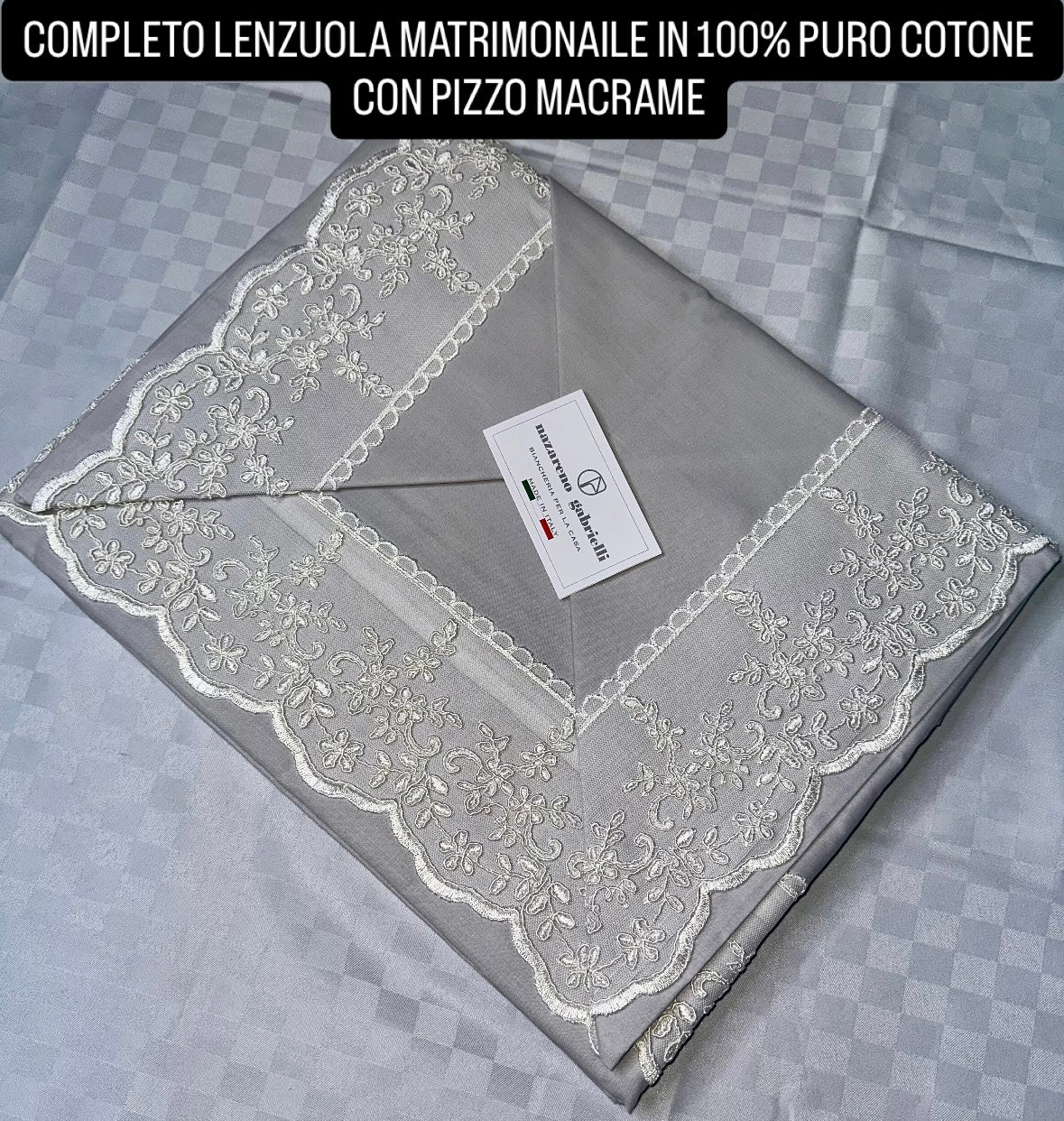 COMPLETO LENZUOLA MATRIMONIALE IN 100% PURO COTONE CON PIZZO MACRAME (Lenzuolo sopra,Lenzuolo sotto con angoli e due federe)