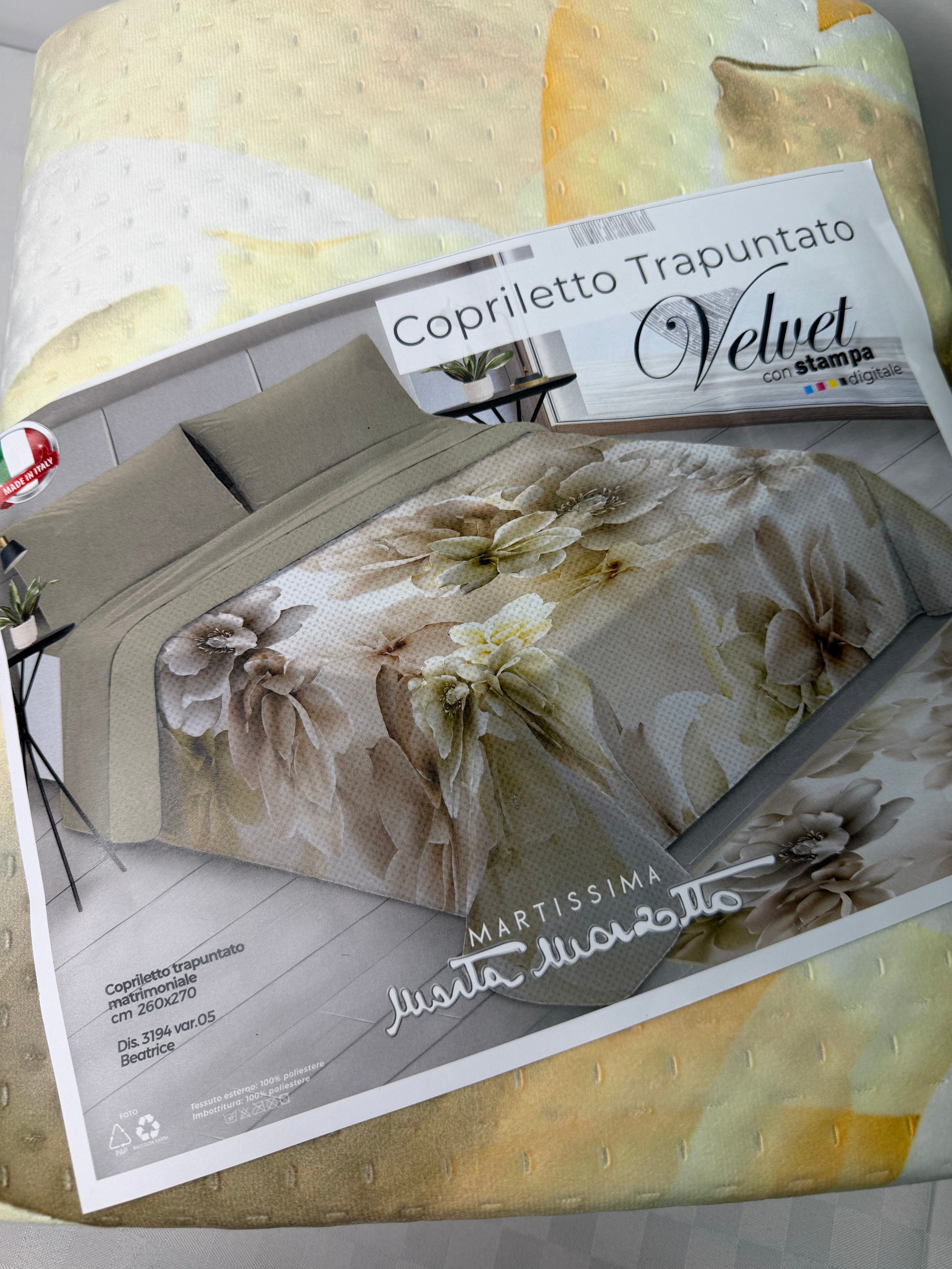 TRAPUNTINO PRIMAVERILE IN VELLUTO CON STAMPA IN 3D MATRIMONIALE misura 260x270cm