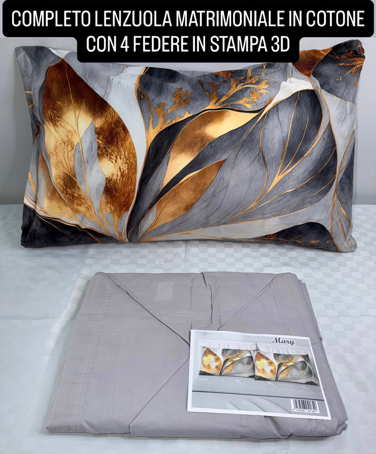 COMPLETO LENZUOLA MATRIMONIALE IN COTONE contiene LENZUOLO SOPRA, LENZUOLO SOTTO E 4 FEDERE IN STAMPA 3D
