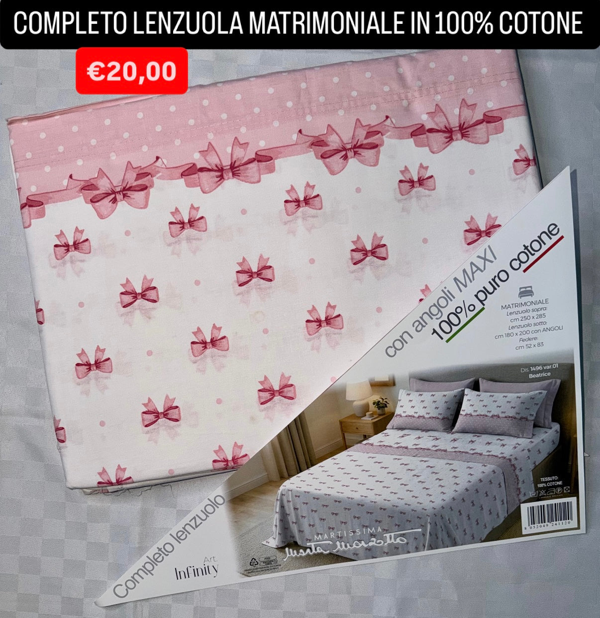 COMPLETO LENZUOLA MATRIMONIALE IN 100% COTONE , contiene Lenzuolo sopra, Lenzuolo sotto con angoli e due Federe