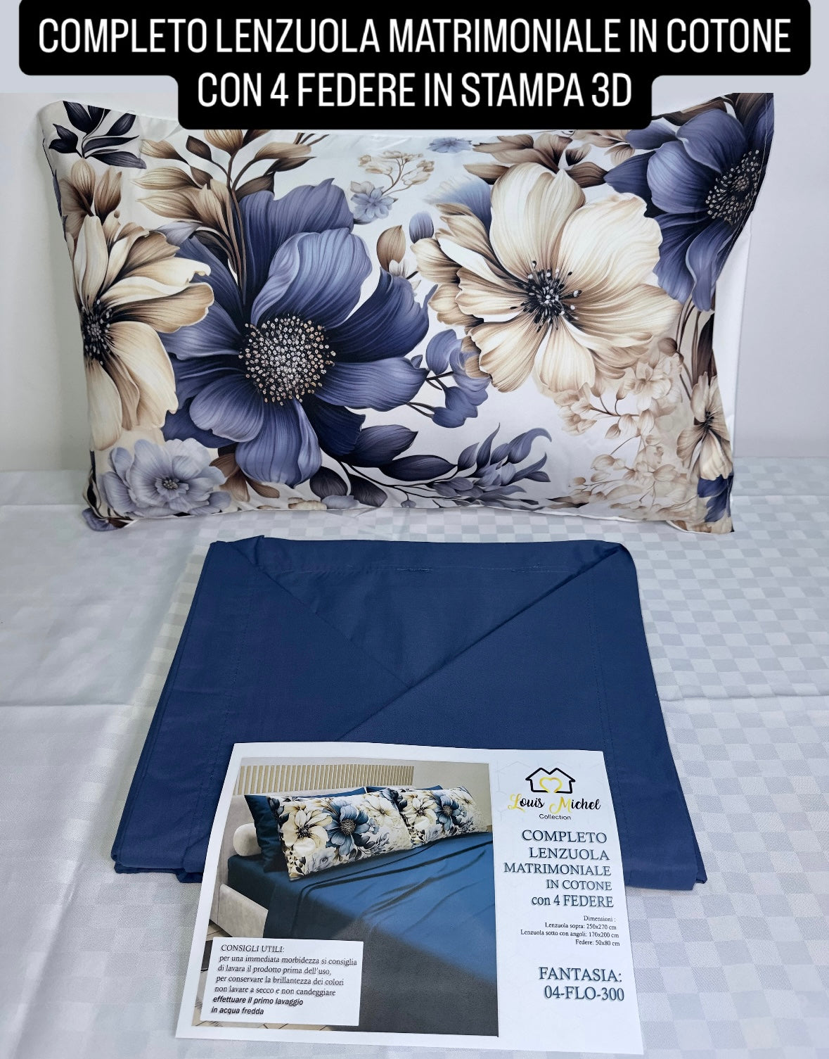 COMPLETO LENZUOLA MATRIMONIALE IN COTONE, LENZUOLO SOPRA, LENZUOLO SOTTO E 4 FEDERE IN STAMPA 3D