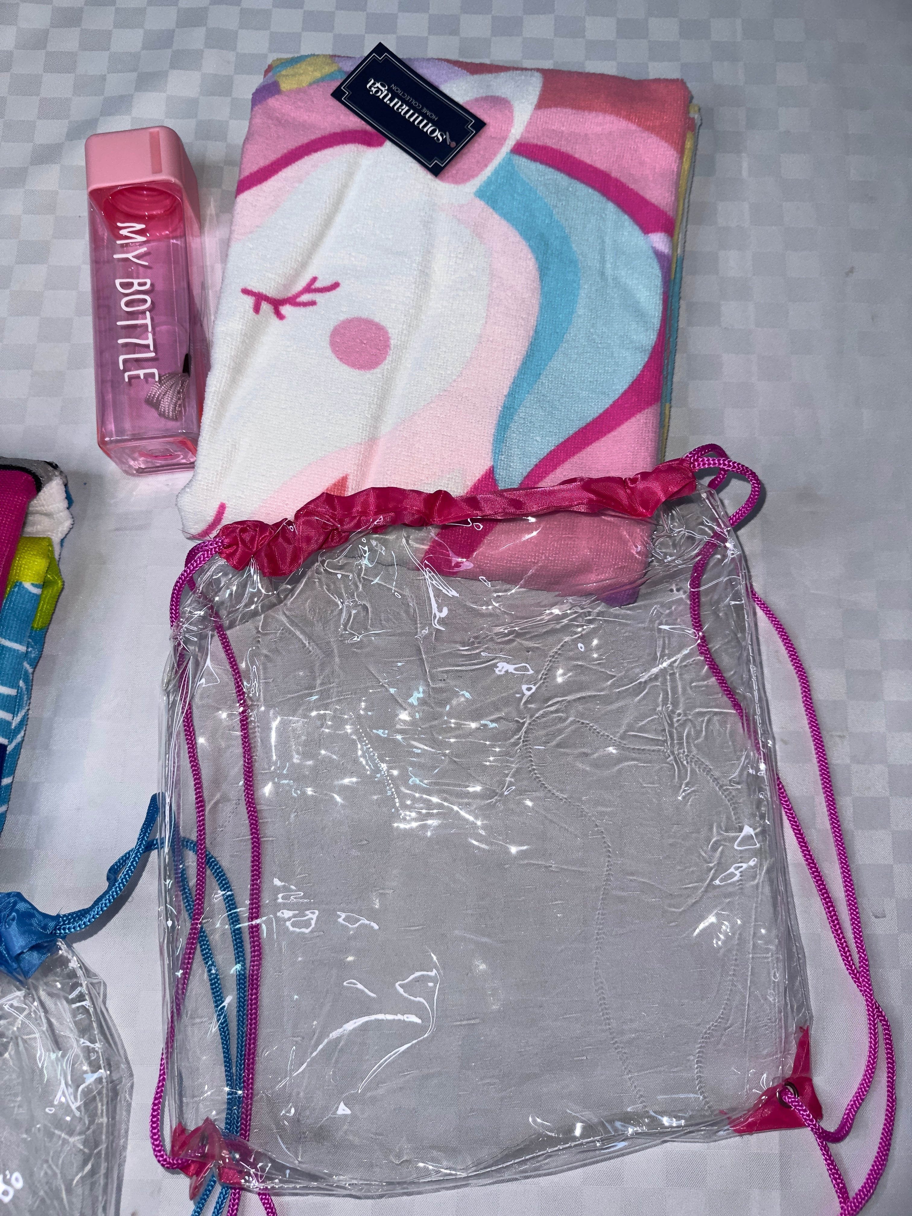 SET MARE BIMBO/A 3 PEZZI TELO MARE IN SPUGNA, BORSA E BORRACCIA