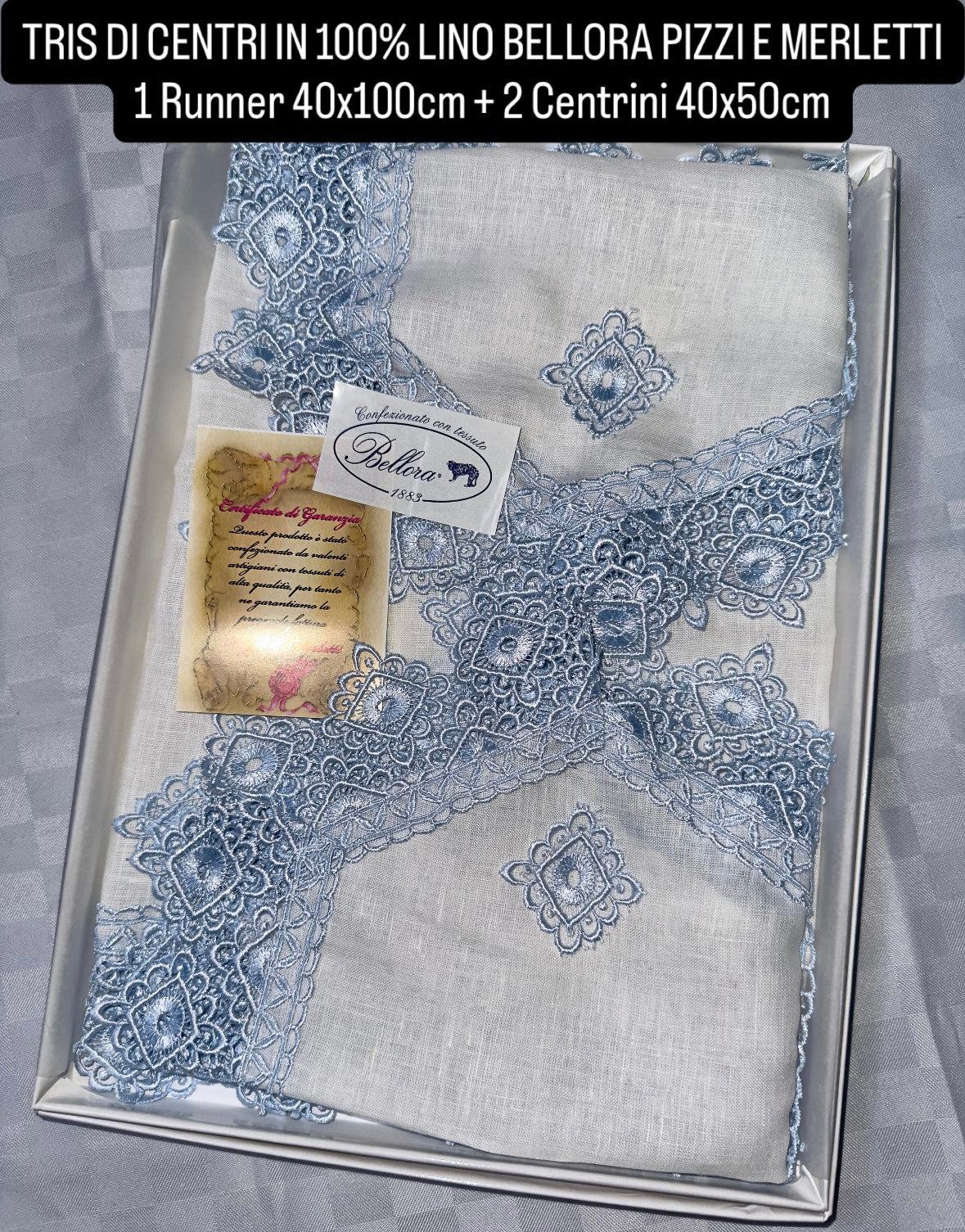 TRIS DI CENTRI IN 100% LINO BELLORA PIZZI E MERLETTI 1 Runner 40x100cm + 2 Centrini 40x50cm
