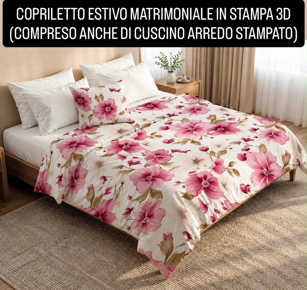 COPRILETTO ESTIVO MATRIMONIALE IN STAMPA 3D compreso anche di cuscino arredo stampato Misura 260x270cm