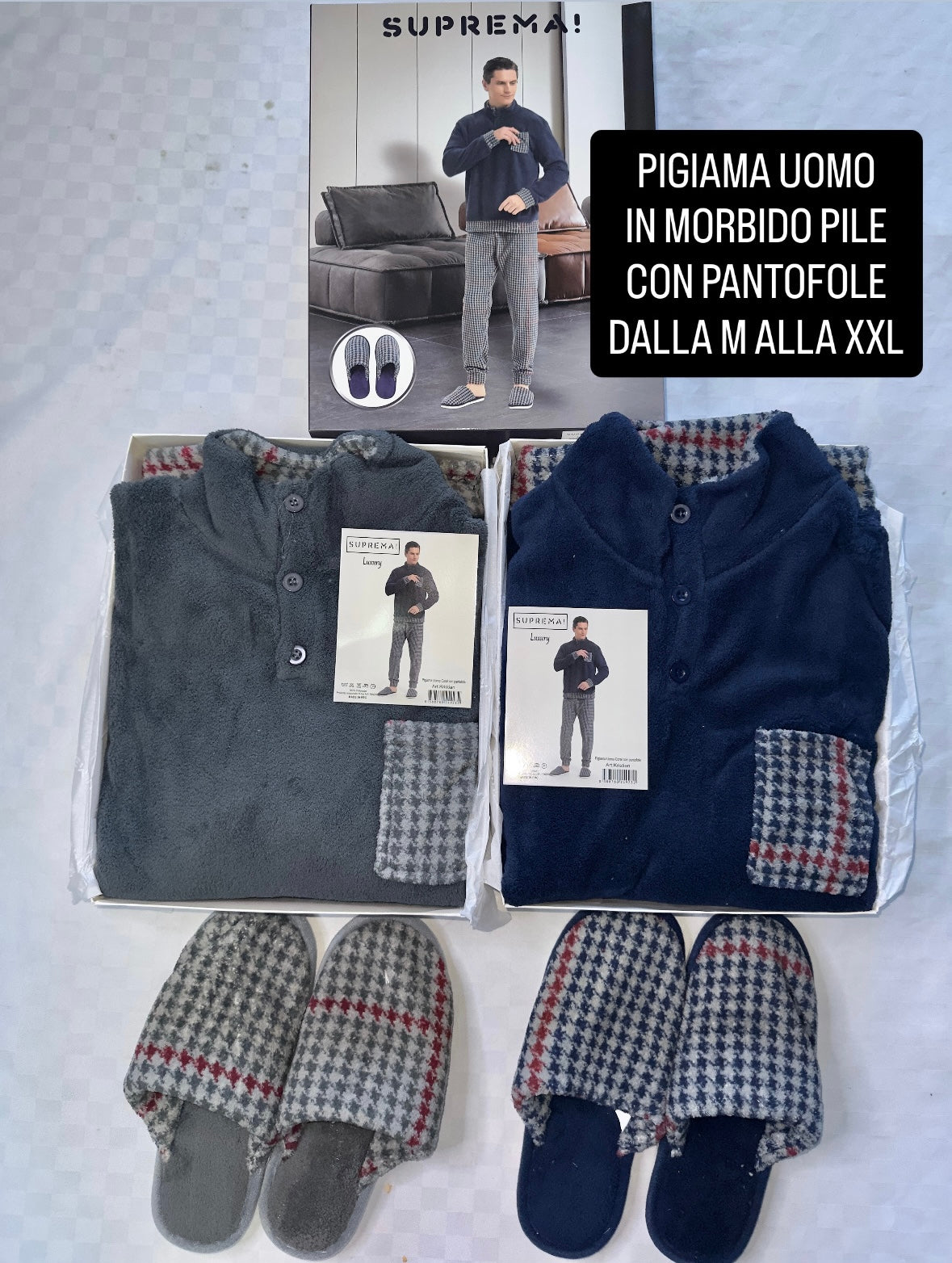 PIGIAMA UOMO CON PANTOFOLE IN MORBIDO PILE Manica lunga e Pantalone lungo