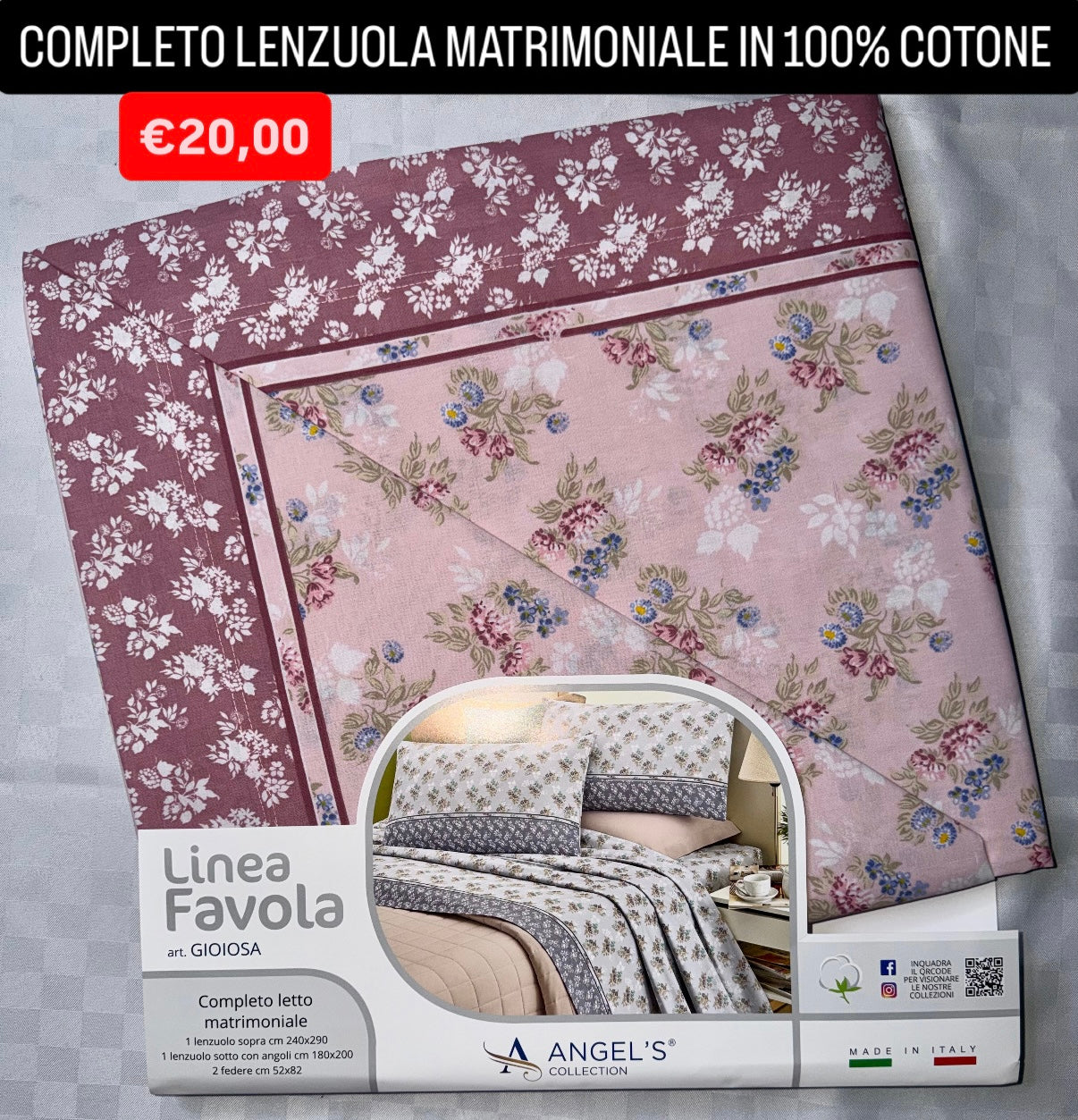 COMPLETO LENZUOLA MATRIMONIALE IN 100% COTONE , contiene Lenzuolo sopra, Lenzuolo sotto con angoli e due Federe