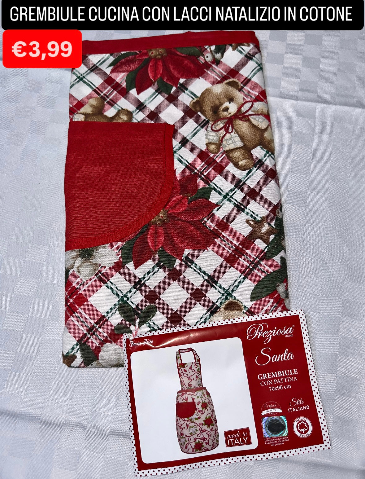 GREMBIULE CUCINA CON LACCI NATALIZIO IN COTONE