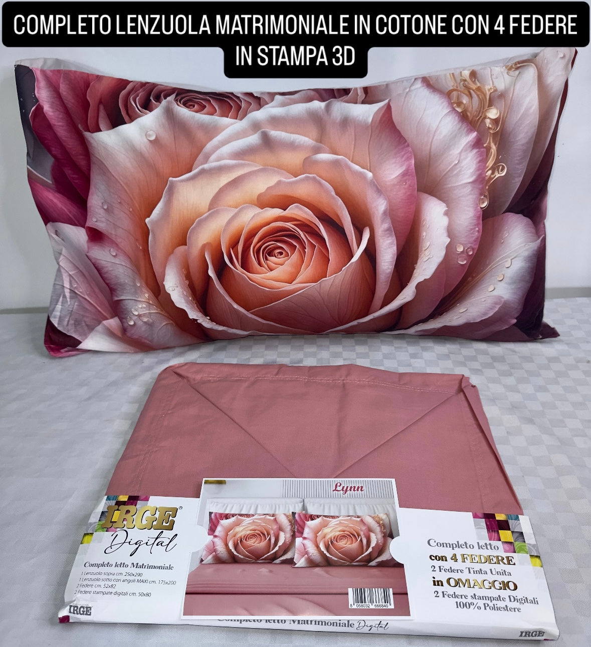 COMPLETO LENZUOLA MATRIMONIALE IN COTONE, LENZUOLO SOPRA, LENZUOLO SOTTO E 4 FEDERE IN STAMPA 3D.
