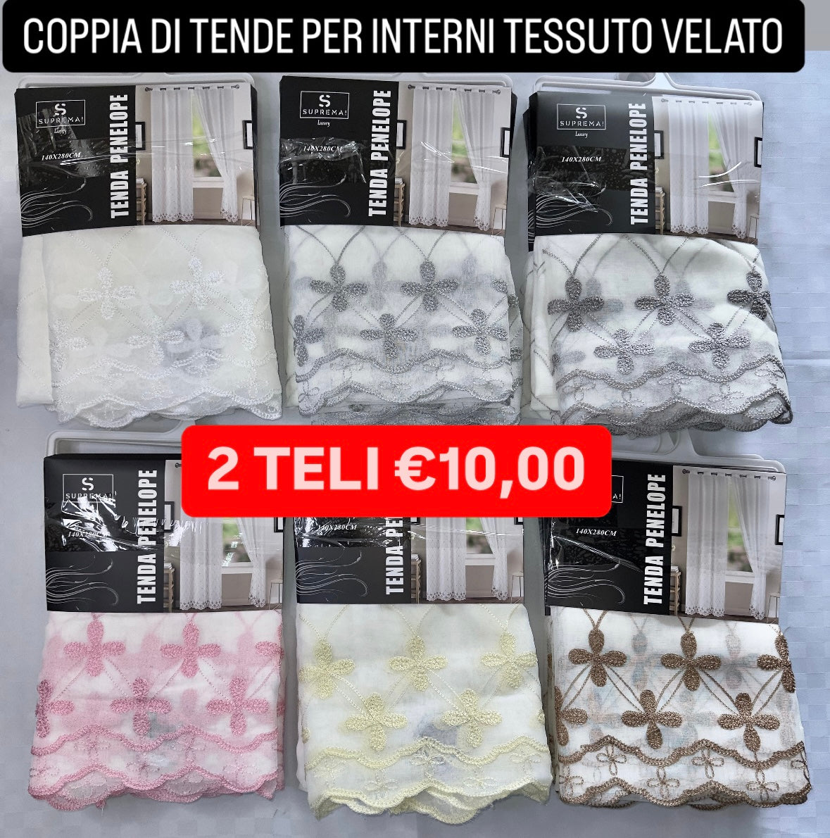 COPPIA DI TENDE PER INTERNI VELATE CONFEZIONE DA 2 TELI (OGNI TELO MISURA 140x280cm)art.Penelope