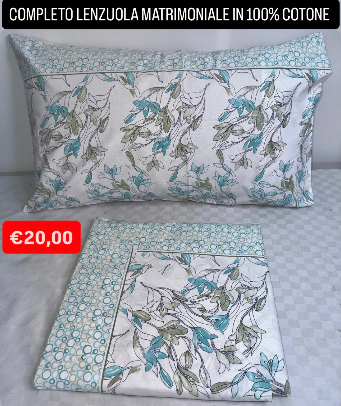 COMPLETO LENZUOLA MATRIMONIALE IN 100% COTONE Lenzuolo sopra, Lenzuolo sotto con angoli e due Federe