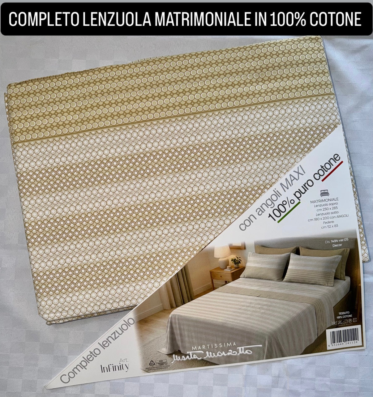 COMPLETO LENZUOLA MATRIMONIALE IN 100% COTONE , contiene Lenzuolo sopra, Lenzuolo sotto con angoli e due Federe