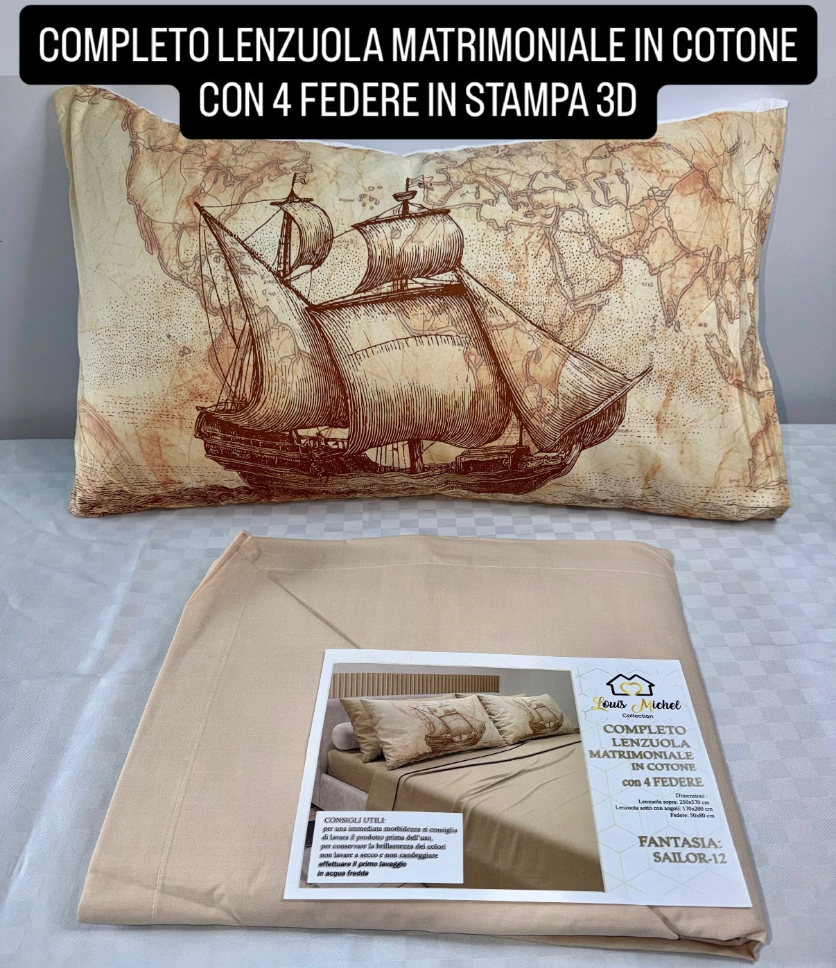 COMPLETO LENZUOLA MATRIMONIALE IN COTONE contiene LENZUOLO SOPRA, LENZUOLO SOTTO E 4 FEDERE IN STAMPA 3D