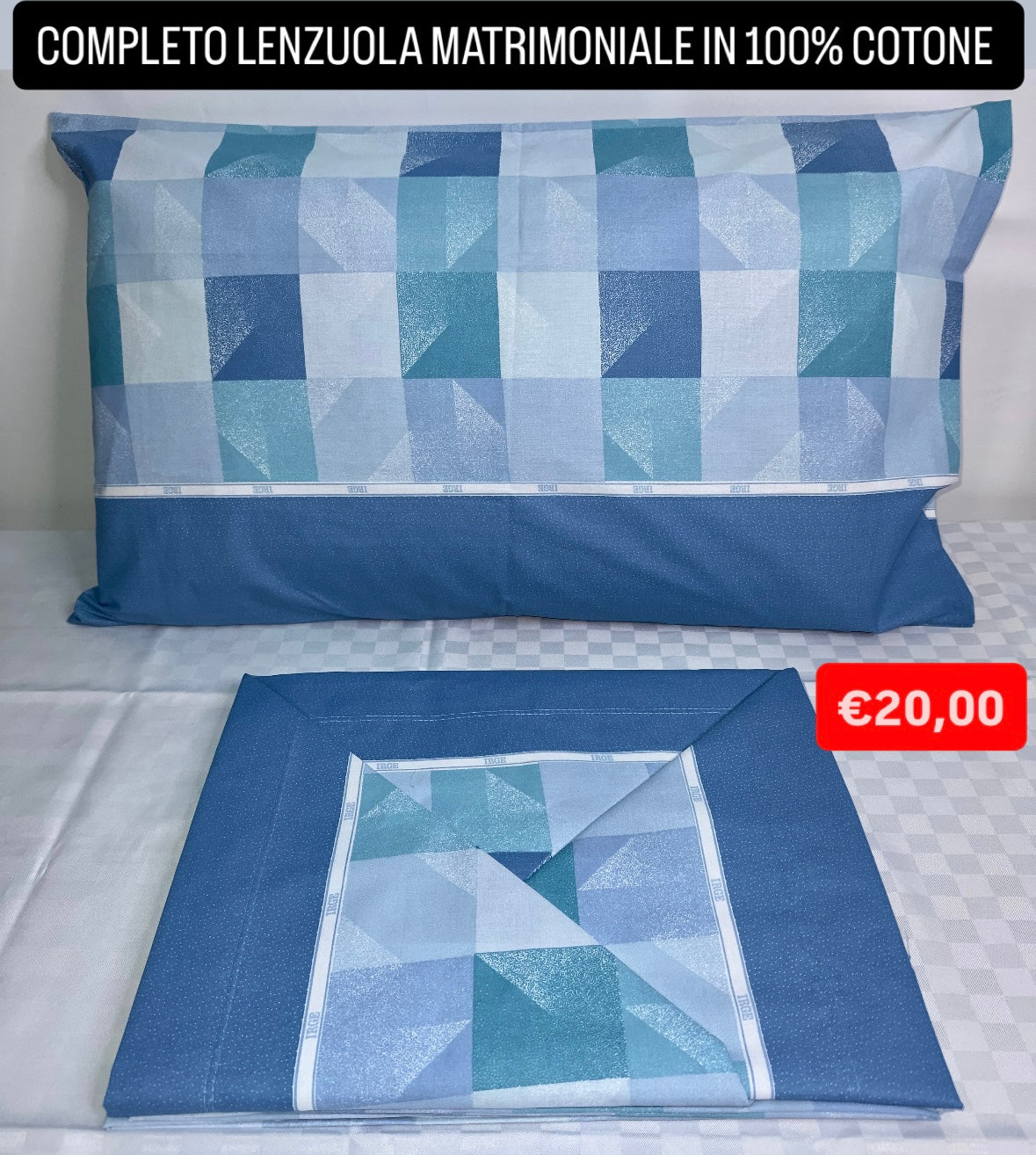 COMPLETO LENZUOLA MATRIMONIALE IN 100% COTONE Lenzuolo sopra, Lenzuolo sotto con angoli e due Federe