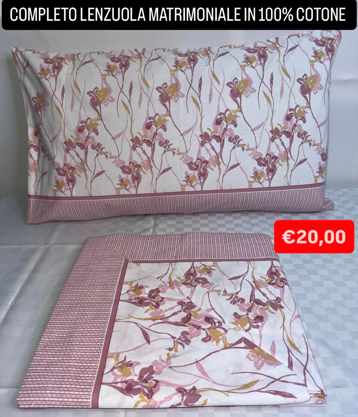 COMPLETO LENZUOLA MATRIMONIALE IN 100% COTONE Lenzuolo sopra, Lenzuolo sotto con angoli e due Federe