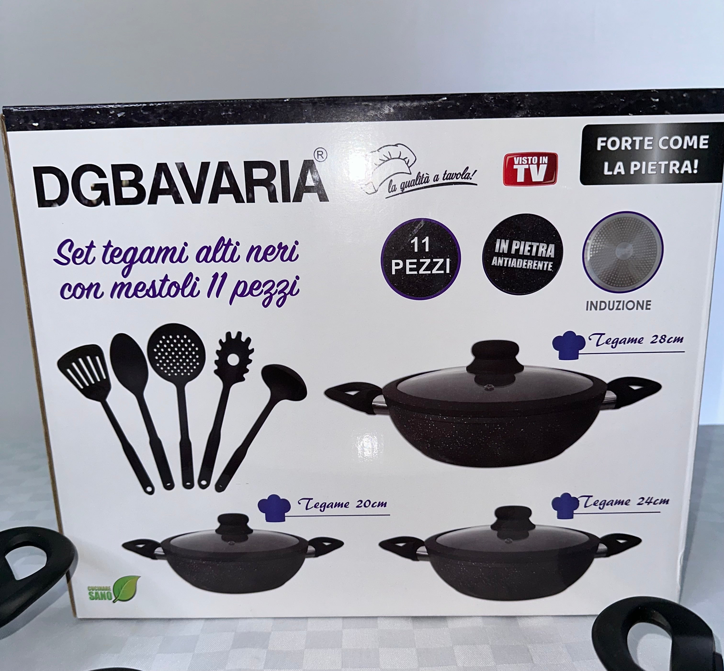 SET TEGAMI BAVARIA IN PIETRA LAVICA E ANTI-ADERENTE 3 TEGAMI , 3 COPERCHI e 5 UTENSILI CUCINA