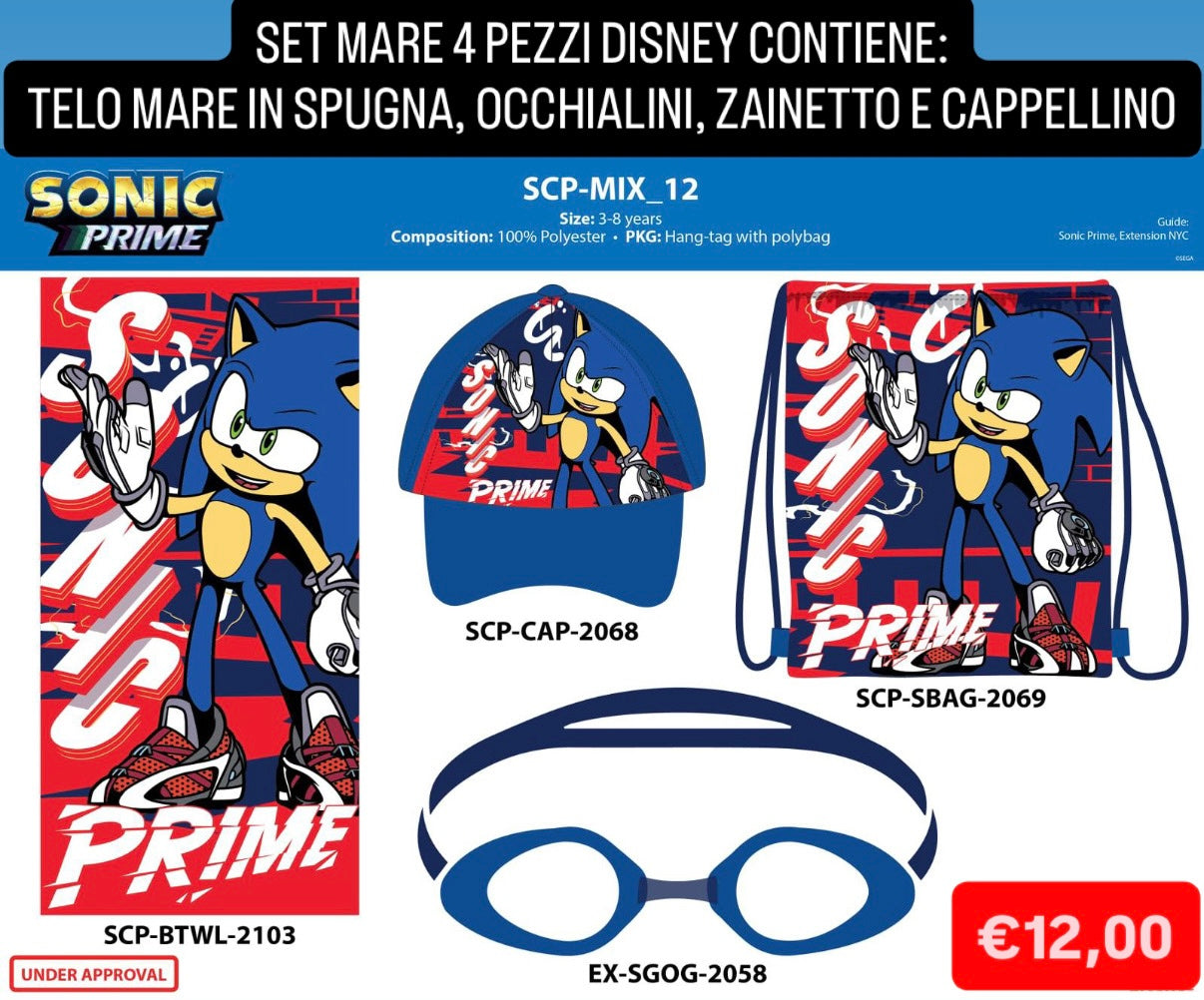 SET MARE BIMBO/A 4 PEZZI contiene Telo mare in spugna, Occhialini, Zainetto e Capellino