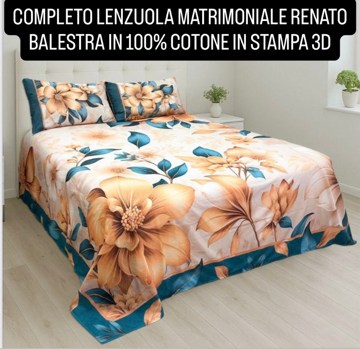 COMPLETO LENZUOLA MATRIMONIALE IN 100% COTONE Lenzuolo sopra, Lenzuolo sotto con angoli e due Federe Renato Balestra