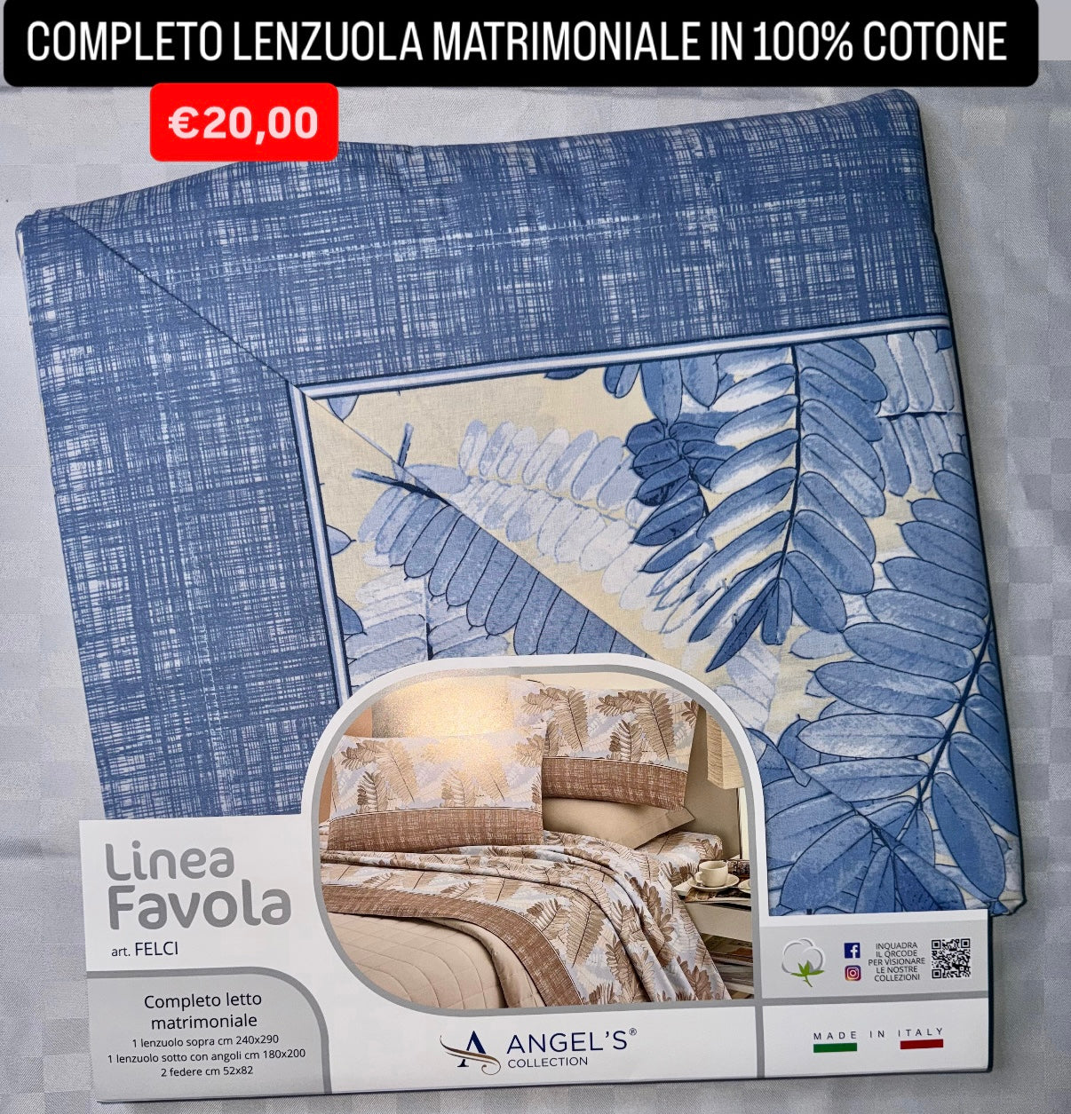 COMPLETO LENZUOLA MATRIMONIALE IN 100% COTONE , contiene Lenzuolo sopra, Lenzuolo sotto con angoli e due Federe