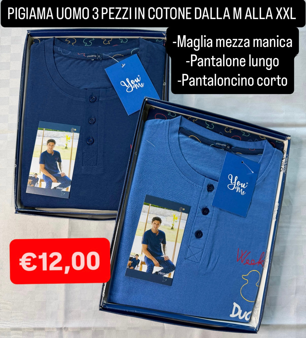 PIGIAMA UOMO 3 PEZZI IN 100% COTONE contiene Maglia mezza manica, Pantalone lungo e Pantaloncino corto