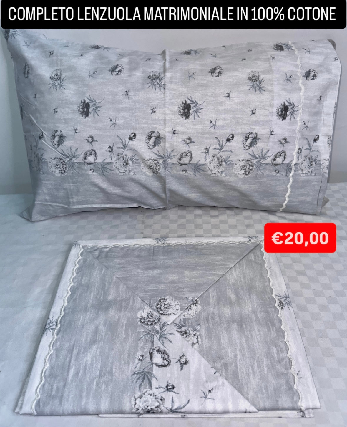 COMPLETO LENZUOLA MATRIMONIALE IN 100% COTONE Lenzuolo sopra, Lenzuolo sotto con angoli e due Federe