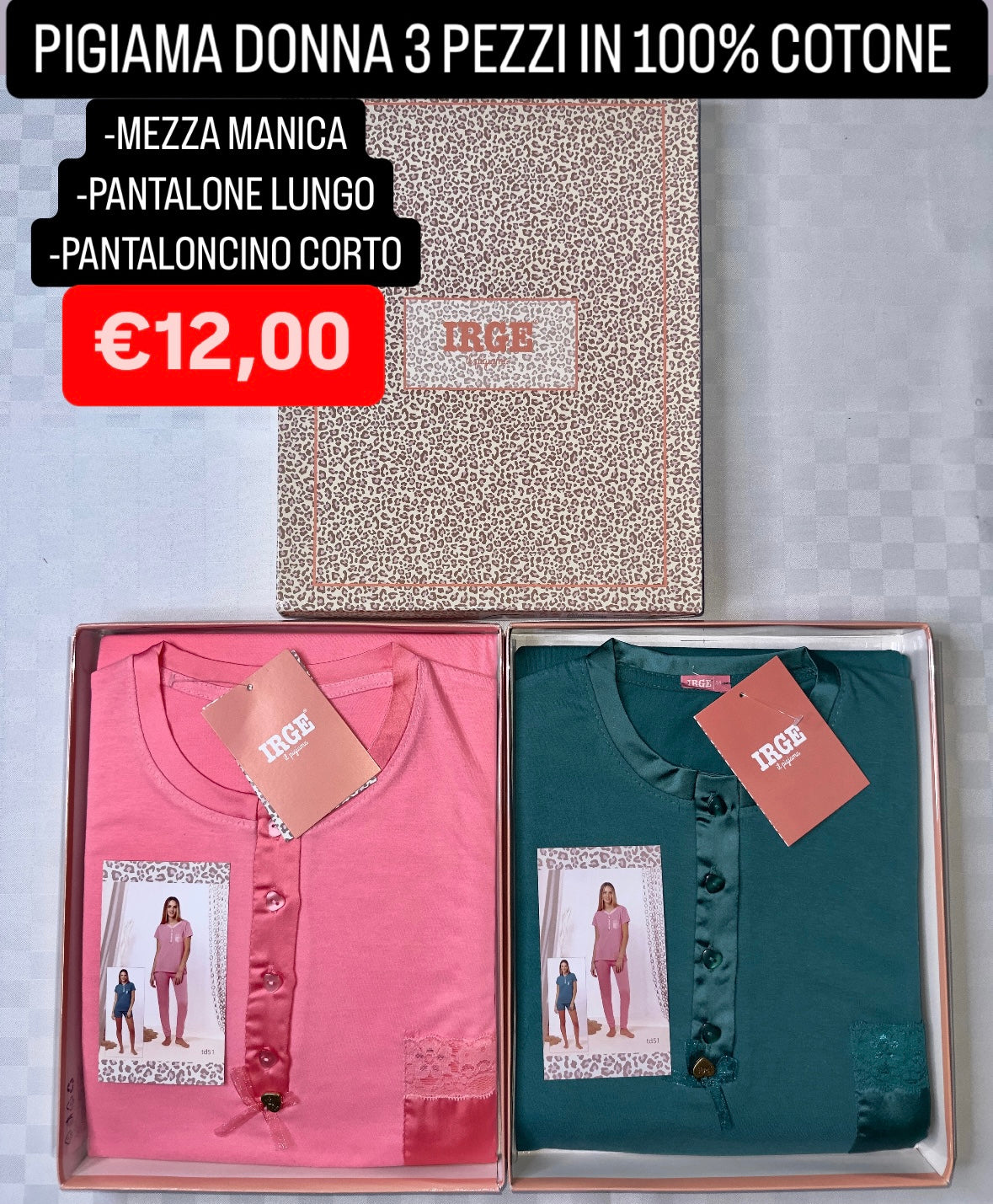 PIGIAMA DONNA 3 PEZZI IN 100% COTONE Maglia mezza manica, Pantalone lungo e Pantaloncino corto